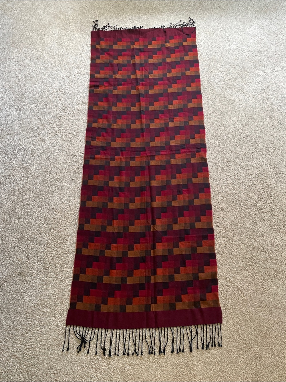 Geometric Block Pattern Fringe Scarf in Burgundy, Olive & Mustard